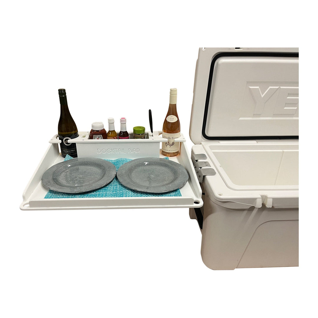 Docktail Bar Yeti Tundra Cooler with integrated cup holders and table system, designed for outdoor use and easy drink access.