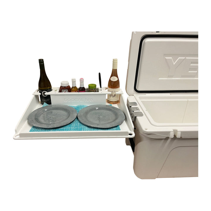 Docktail Bar Yeti Tundra Cooler with integrated cup holders and table system, designed for outdoor use and easy drink access.