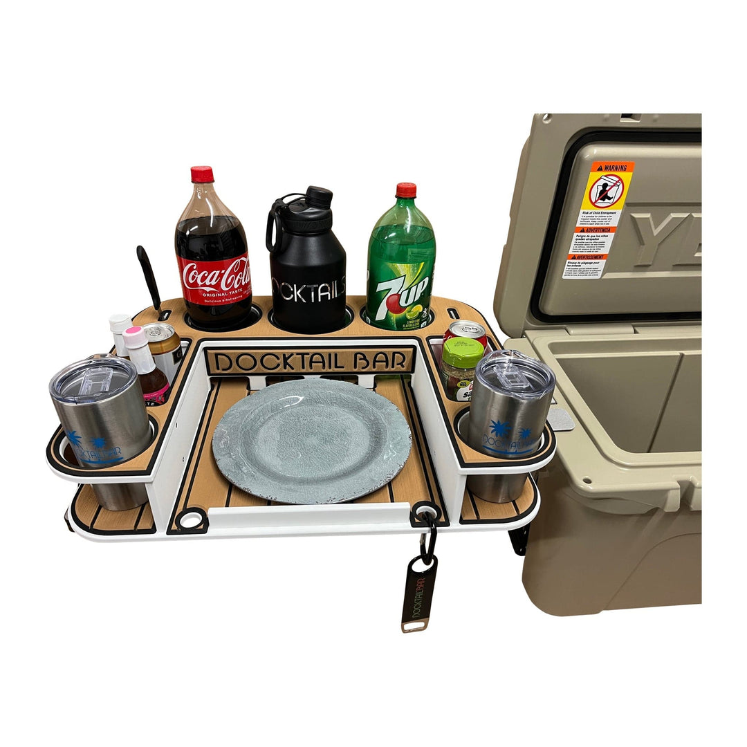Docktail Bar Yeti Tundra Cooler cup holders and table system, featuring a sturdy cooler mount with integrated surface for drinks.
