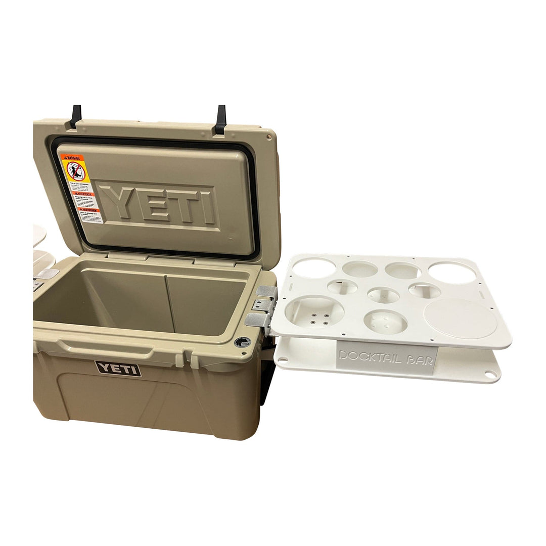 Docktail Bar Yeti Tundra Cooler cup holders and table system mounted on a durable cooler for outdoor use.
