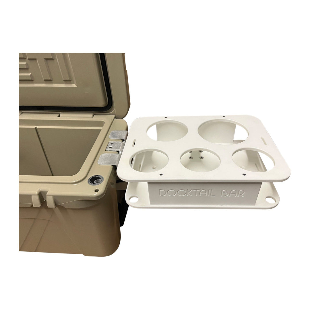 Docktail Bar Yeti Tundra Cooler with cup holders and table system, featuring a sturdy setup for outdoor gatherings.