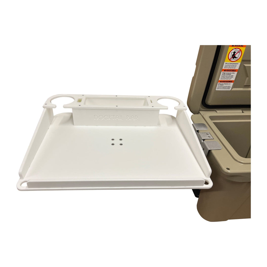 Docktail Bar Yeti Tundra cooler with integrated cup holder and table system, designed for outdoor use and easy access.