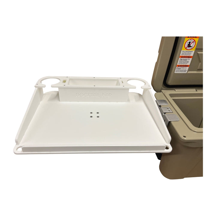 Docktail Bar Yeti Tundra cooler with integrated cup holder and table system, designed for outdoor use and easy access.