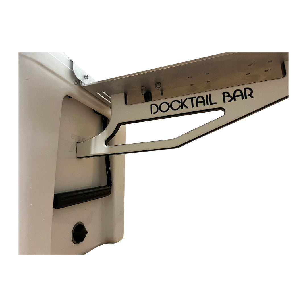 Docktail Bar Yeti Tundra Cooler with integrated cup holder and table system, designed for outdoor use and convenient access.