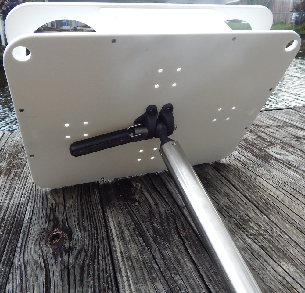 Docktail Bar Magma LeveLock all-angle adjustable fish rod holder mounted on a leaning post, designed for secure fishing pole support.