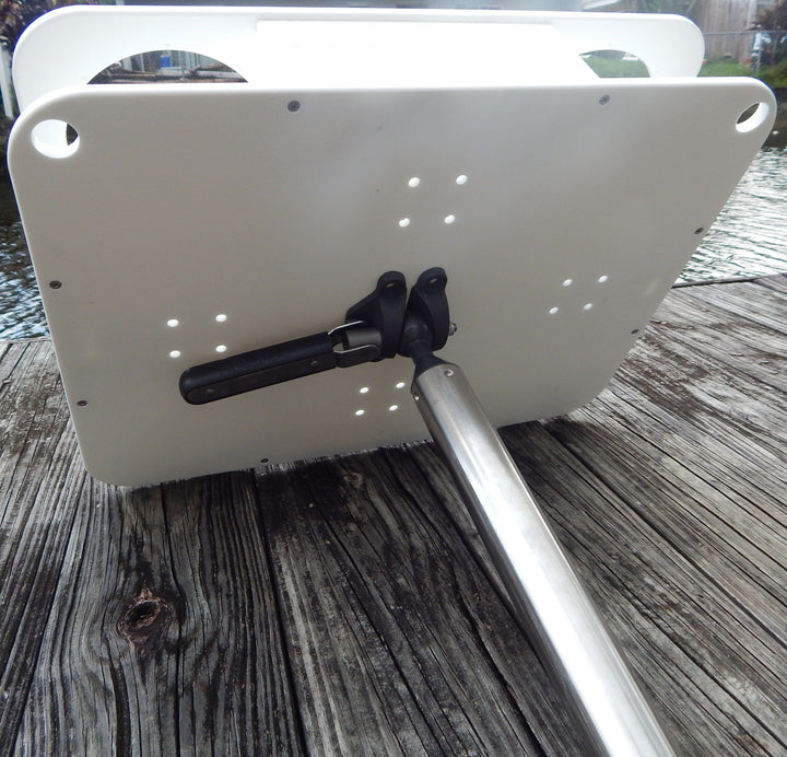 Docktail Bar Magma LeveLock all-angle adjustable fish rod holder mounted on a leaning post, designed for secure fishing pole support.