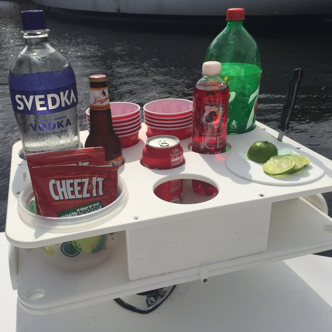 Docktail Boat Table Caddy with bait table and adjustable rod holder mount, featuring all-angle rod holder on a boat deck.