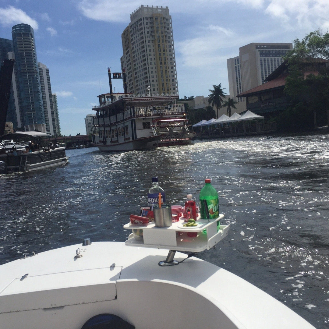 Docktail Boat Table Caddy with bait table and adjustable rod holder mount, featuring all-angle rod holder for fishing and boating.
