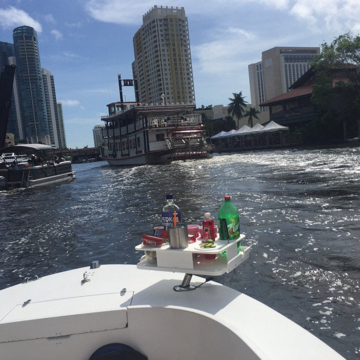 Docktail Boat Table Caddy with bait table and adjustable rod holder mount, featuring all-angle rod holder for fishing and boating.