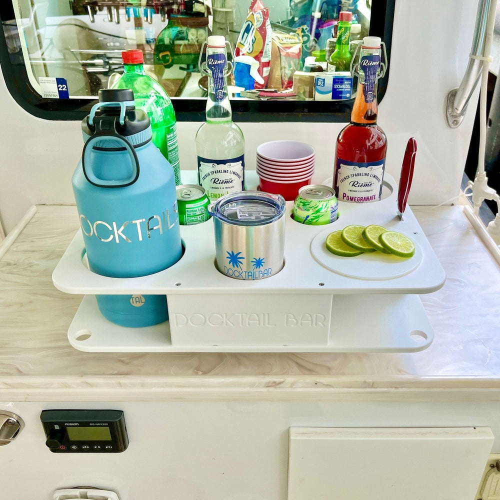 Docktail Boat Table Caddy with two SeaSucker vacuum mounts, available in various colors, designed for secure boat table organization.