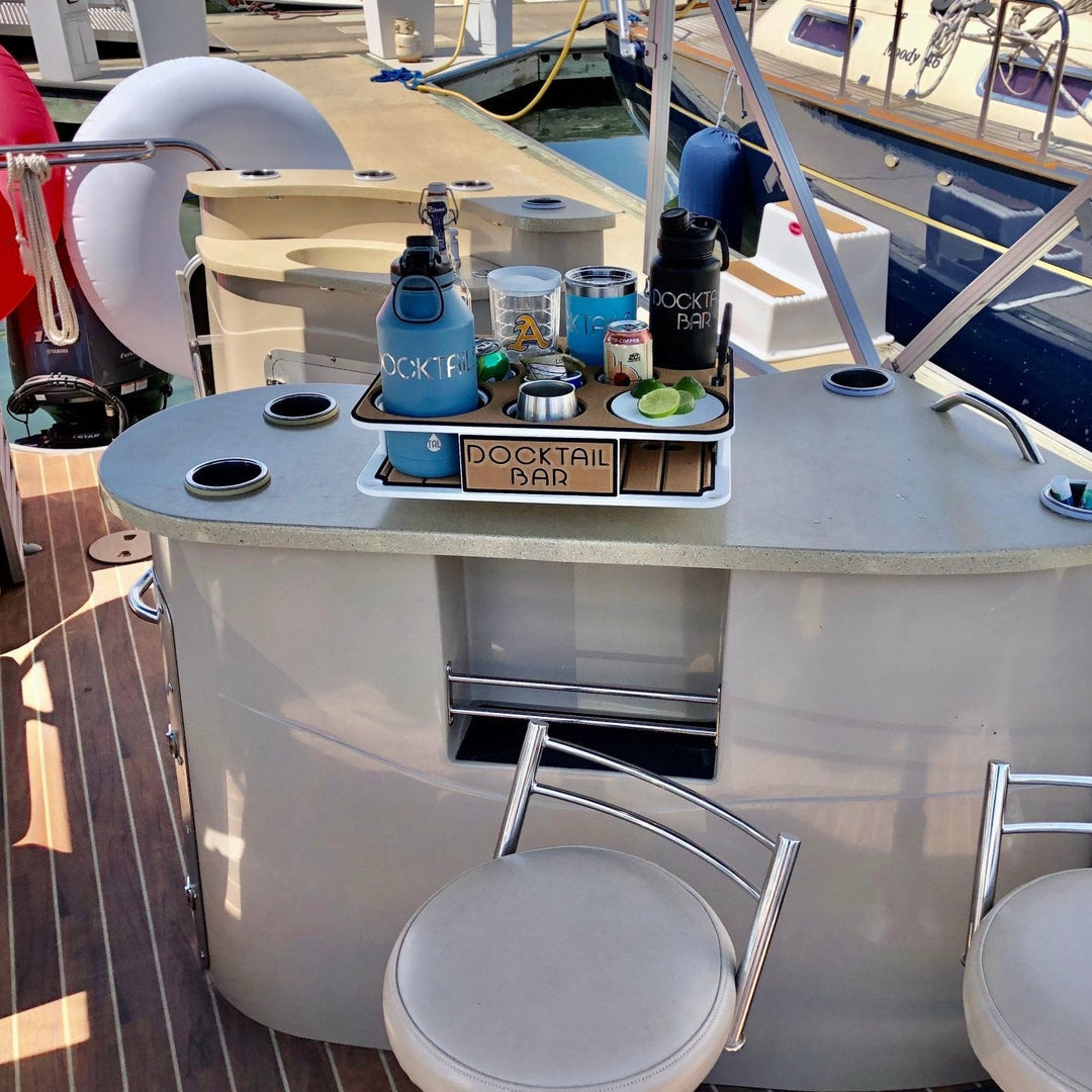 Docktail Boat Table Caddy with two SeaSucker vacuum mounts in various colors, designed for secure marine use on boats.