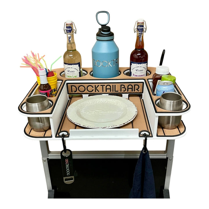 Docktail Bar Boat Table with pontoon rail mount, featuring custom color options and storage accessories for marine use.