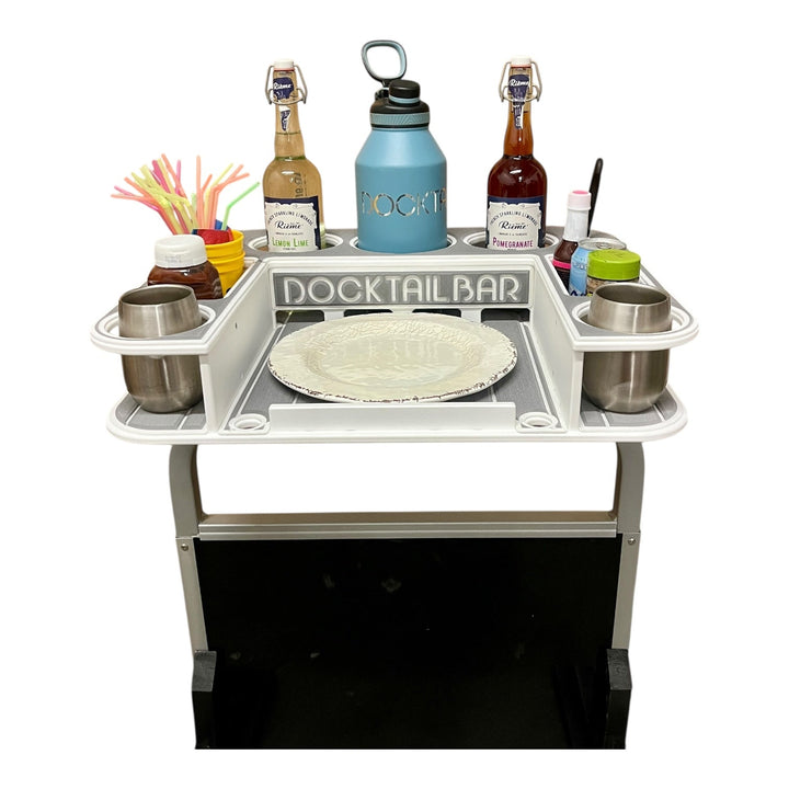 Docktail Butler boat table with pontoon rail mount, featuring custom name and mounted on boat deck with storage compartments.