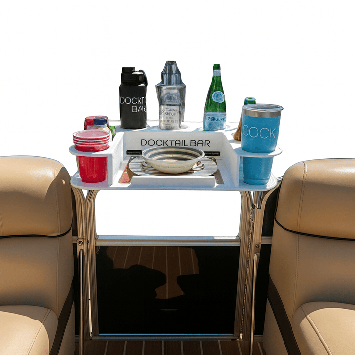 Docktail Butler boat table with pontoon rail mount, featuring a sturdy wooden surface and mounting hardware for pontoon boats.