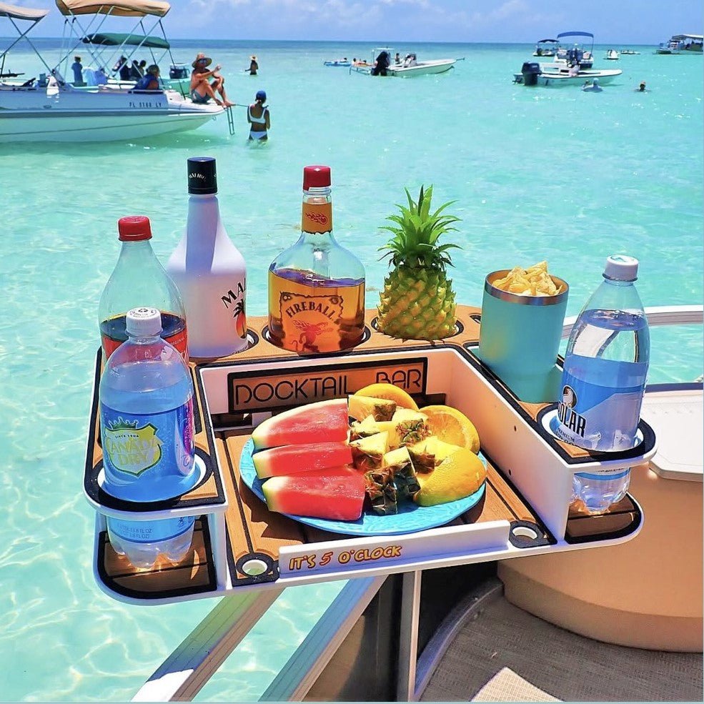 Docktail Butler boat table with pontoon rail mount, featuring a sturdy wooden surface and metal mounting brackets on a pontoon boat.