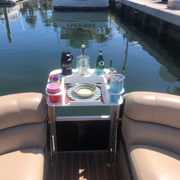 Docktail Butler boat table with pontoon rail mount, featuring sturdy surface and mounting hardware for boat or pontoon use.
