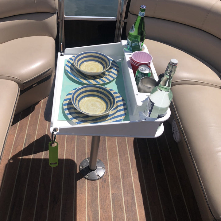 Docktail utility boat table with pedestal attachment, featuring a sturdy surface and easy-to-attach design for boat use.
