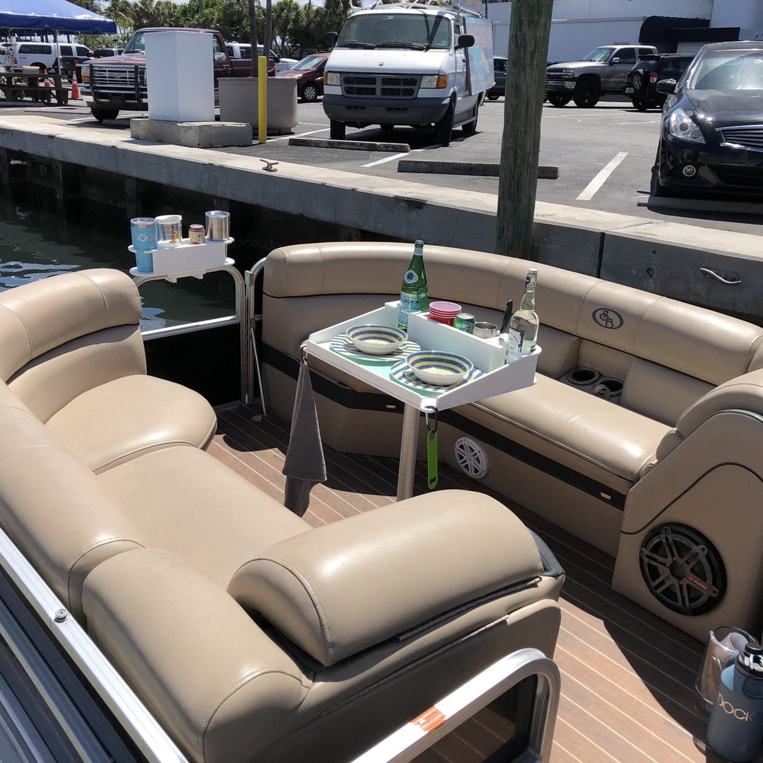 Docktail utility boat table with pedestal attachment options, featuring a sturdy surface designed for boat use by Docktail Bar.