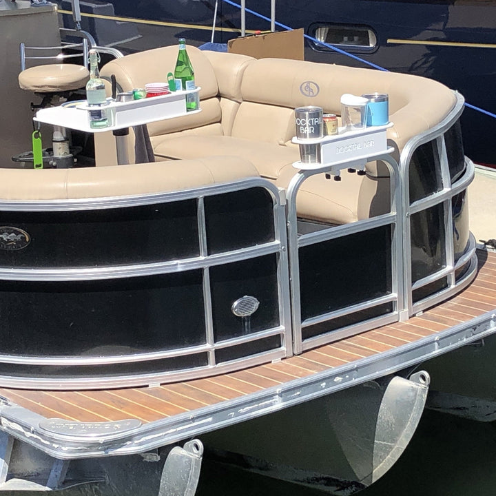 Docktail Utility Boat Table with pedestal attachment, featuring a sturdy wooden surface on a boat deck, by Docktail Bar.