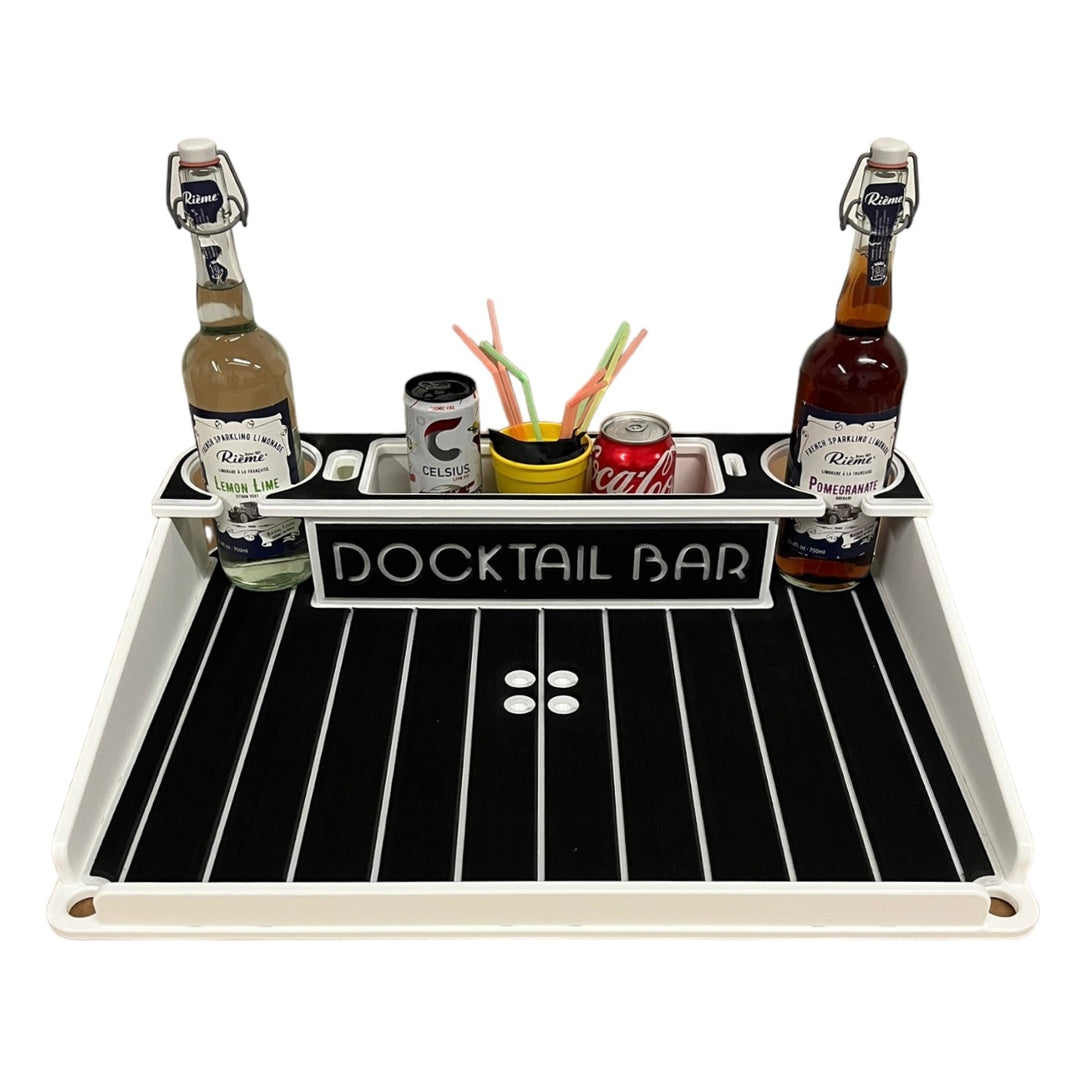 Docktail Bar utility boat table with pedestal attachment, featuring a sturdy surface and attached mounting options on a boat deck.