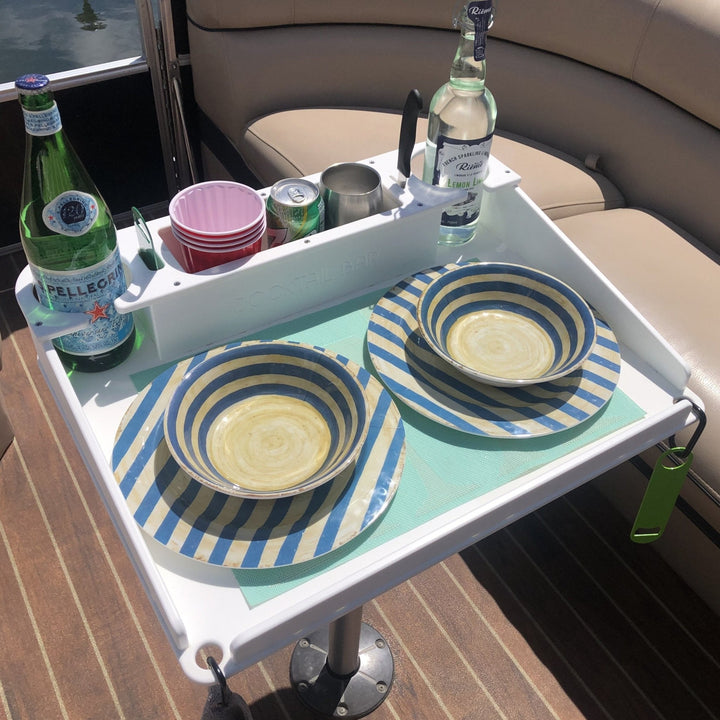 Docktail Utility Boat Table with pedestal attachment by Docktail Bar, featuring a sleek design suitable for outdoor boat use.