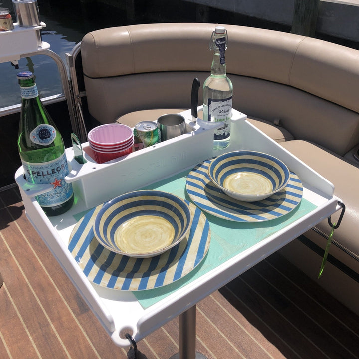 Docktail Utility Boat Table with pedestal attachment, featuring a sturdy surface and adjustable pedestal base for boat use.