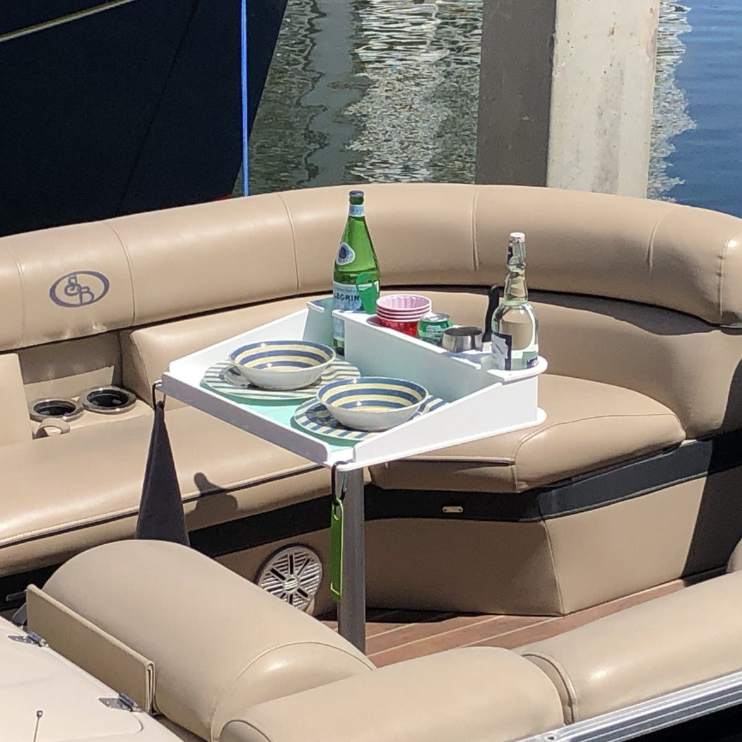 Docktail Utility Boat Table with pedestal attachment, featuring durable surface and adjustable height for boat deck use.