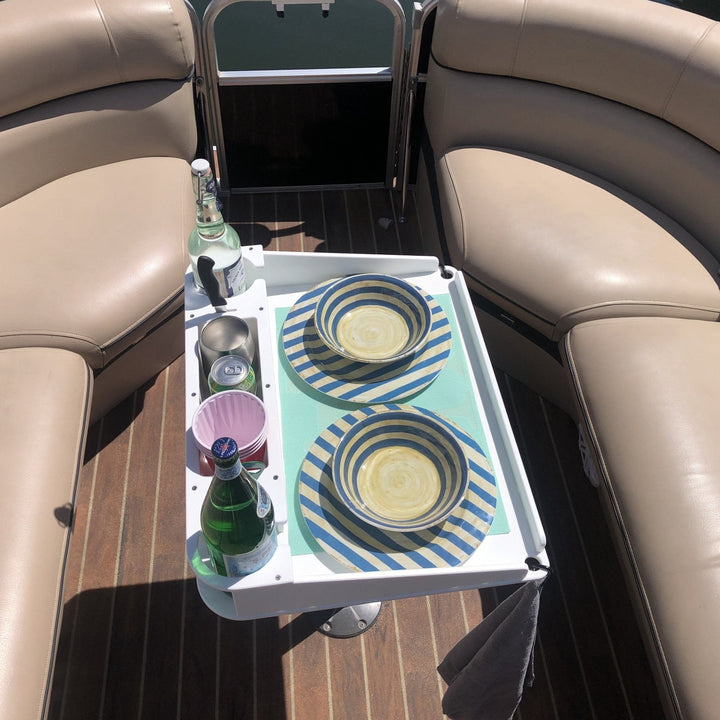 Docktail Utility Boat Table with pedestal attachment, featuring a sturdy surface and marine-grade finish for boat use.