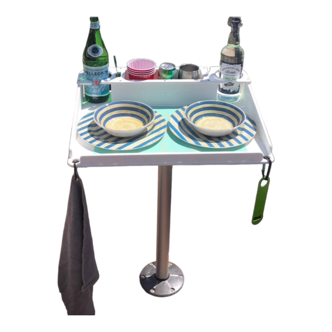 Docktail Utility Boat Table with pedestal attachment from Docktail Bar, showing sturdy surface and mounting options for boats.
