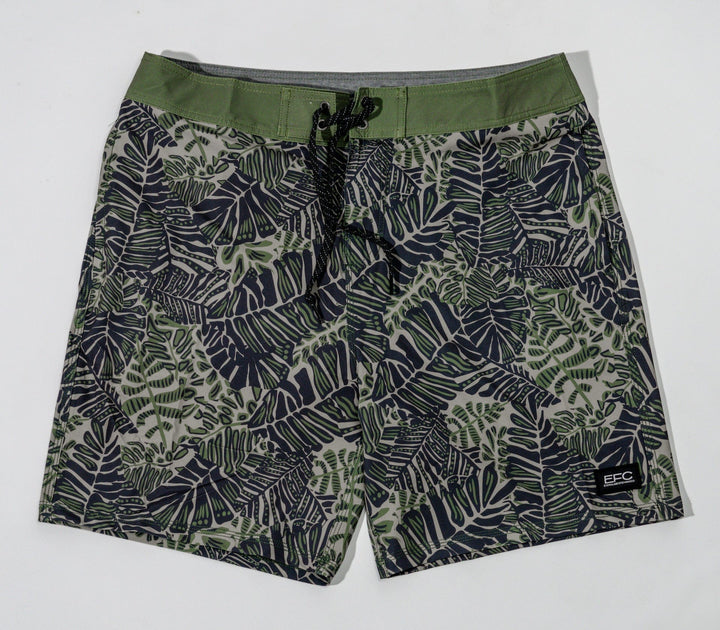 Everglades Fishing Co Kuma Boardshort with vibrant tropical print, displayed on a hanger against a neutral background.