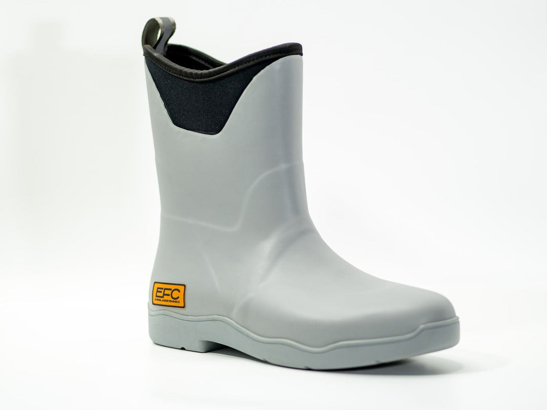 Men's grey tall deck boots by Everglades Fishing Co, showing sturdy waterproof leather with laces and reinforced soles.