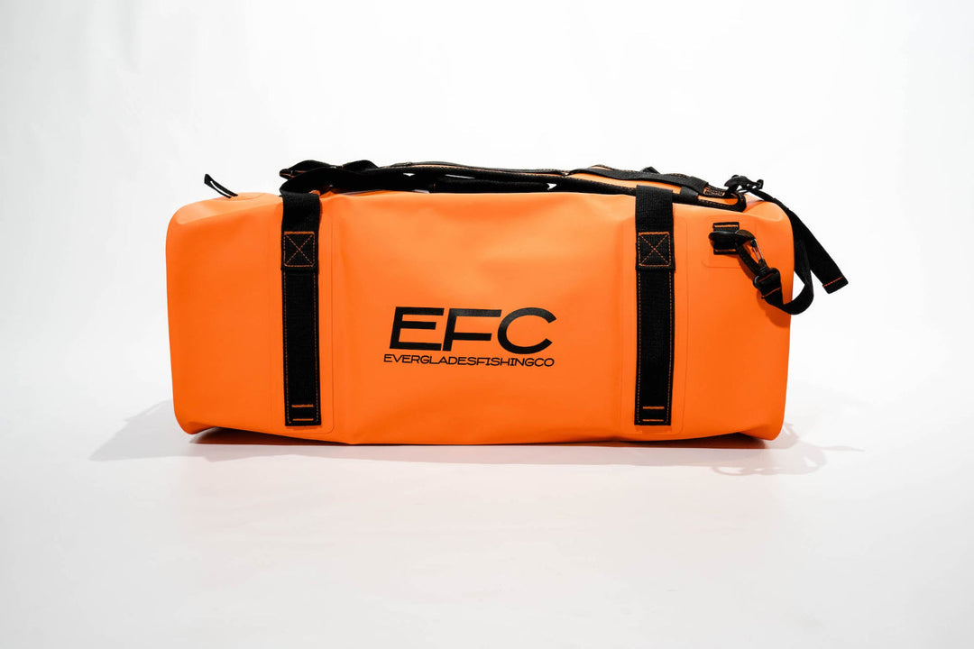 Orange 50L dry duffel bag by Everglades Fishing Co, durable bag with shoulder strap for outdoor and fishing trips.