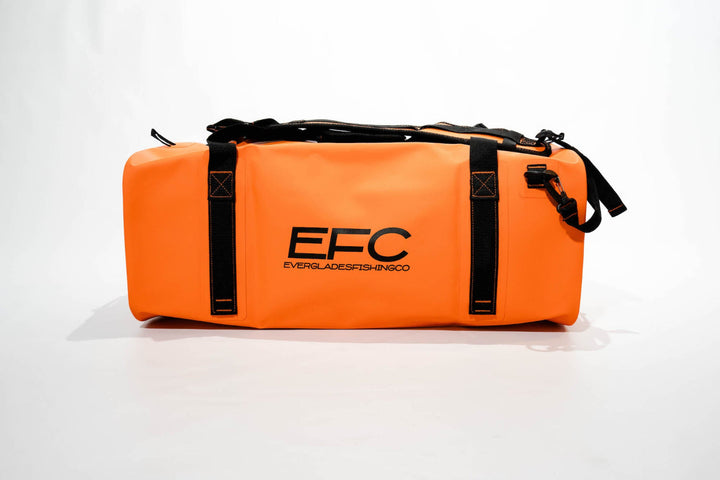 Orange 50L dry duffel bag by Everglades Fishing Co, durable bag with shoulder strap for outdoor and fishing trips.