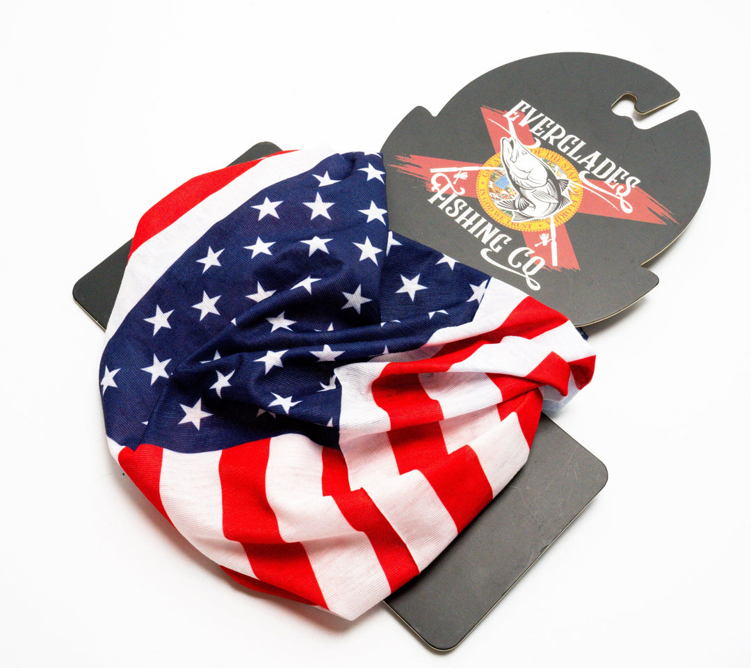 Everglades Fishing Co American Flag Buff worn as a versatile head and neck accessory with patriotic design.