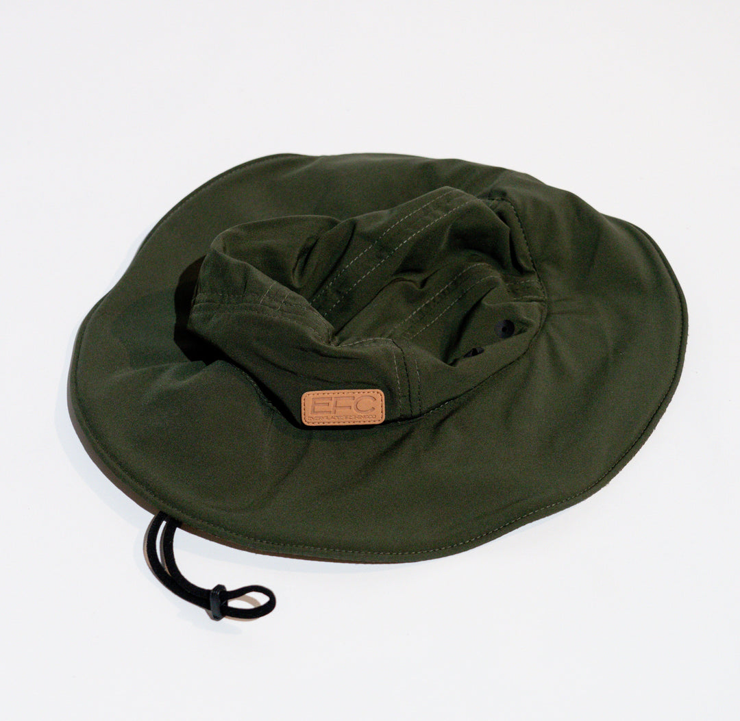 Army green bucket hat by Everglades Fishing Co with wide brim and casual style, perfect for outdoor sun protection.