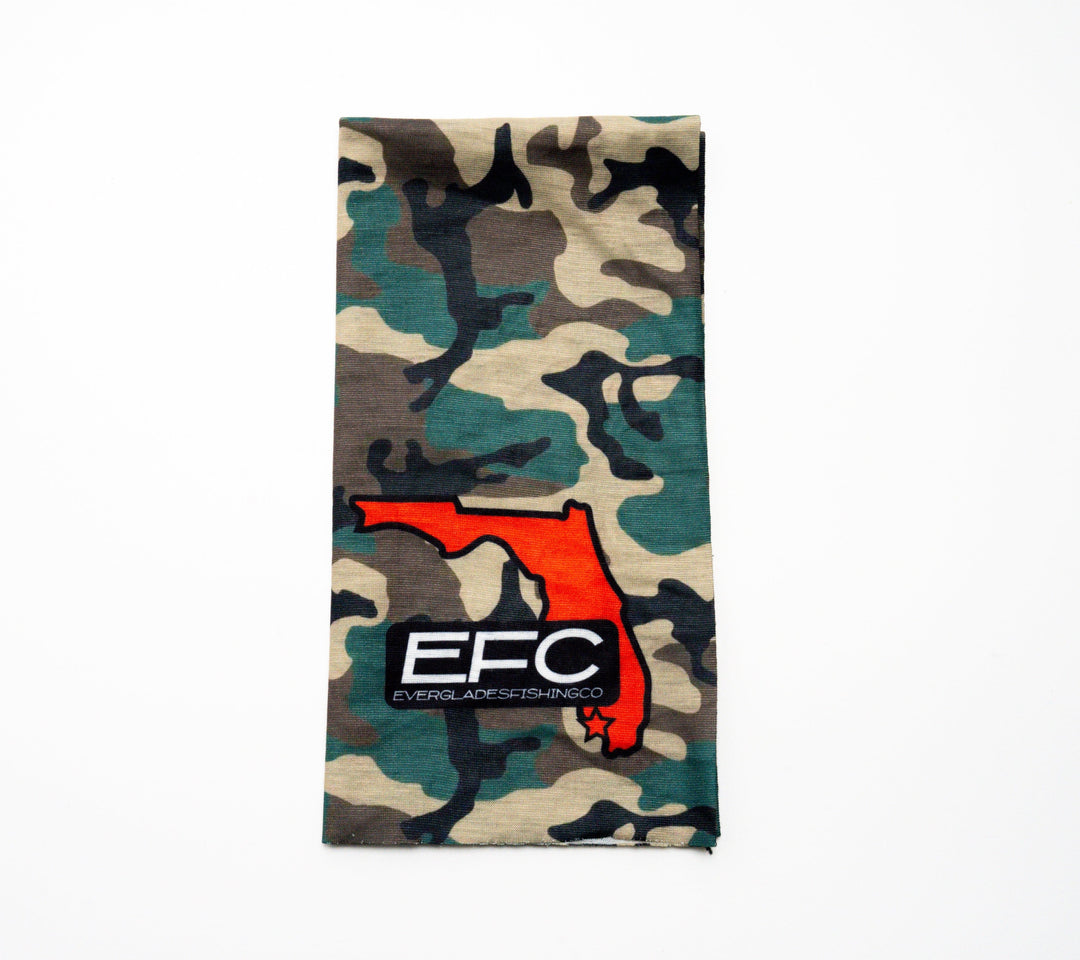 Everglades Fishing Co Camo Buff, versatile camouflage neck gaiter, shown in a close-up image.