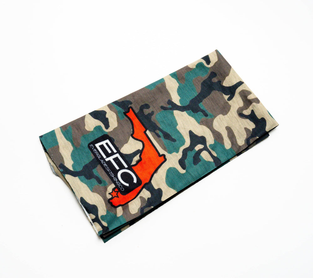Everglades Fishing Co camo buff, versatile fabric neck gaiter with camouflage pattern, ideal for outdoor activities and sun protection.