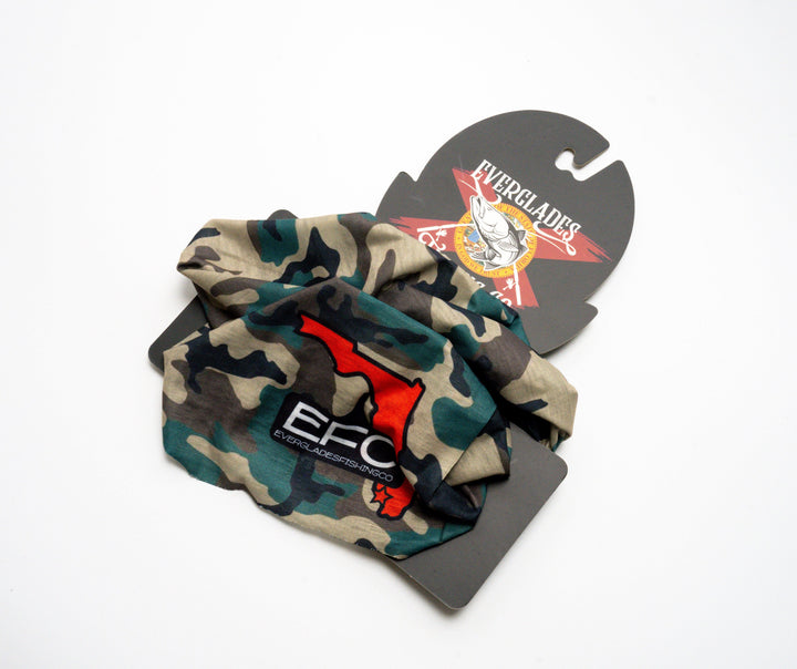 Everglades Fishing Co Camo Buff, versatile neck gaiter with camouflage pattern for outdoor activities and fishing.