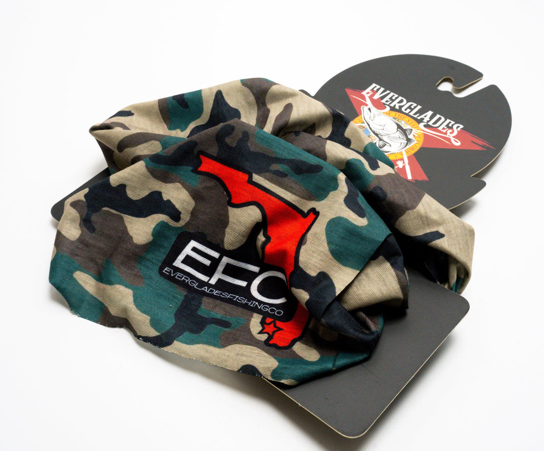 Everglades Fishing Co Camo Buff showing a camouflage fabric headwear accessory for outdoor activities.