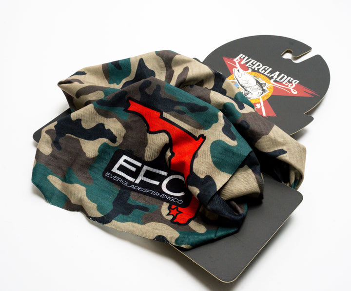 Everglades Fishing Co Camo Buff showing a camouflage fabric headwear accessory for outdoor activities.
