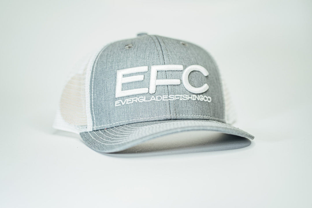 White classic snapback hat by Everglades Fishing Co, showing the structured brim and adjustable back strap.