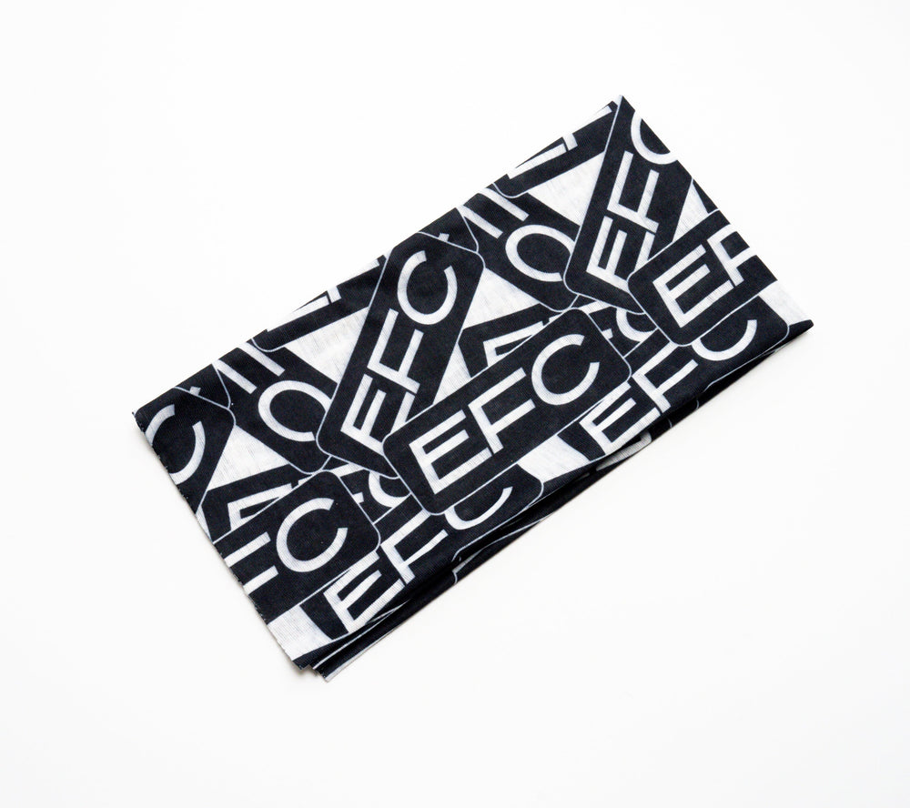 Blue and gray EFC Buff by Everglades Fishing Co, made of stretchy fabric, featuring the brand logo and camouflage pattern.