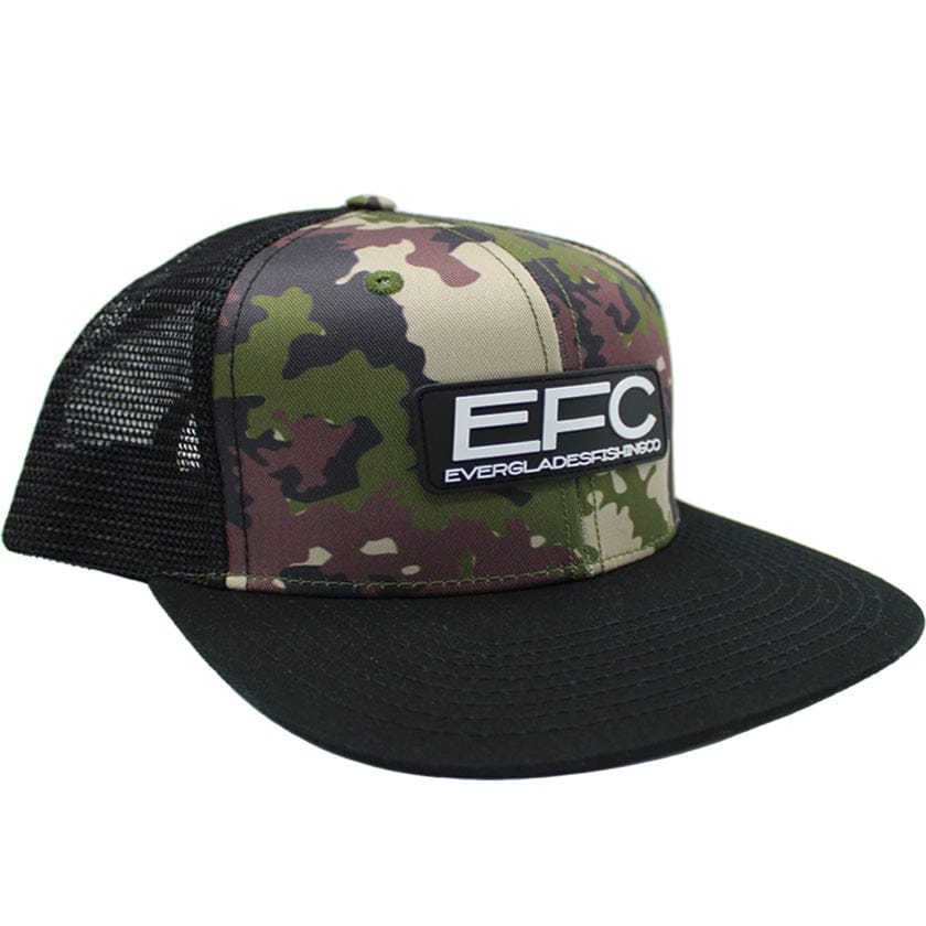 Everglades Fishing Co EFC Camo Hat with adjustable strap and camouflage pattern, designed for outdoor fishing and hunting activities.