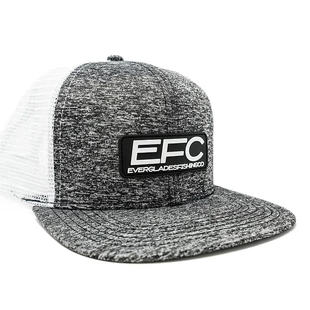 Everglades Fishing Co grey snapback hat with adjustable strap and embroidered logo, displayed on a plain background.