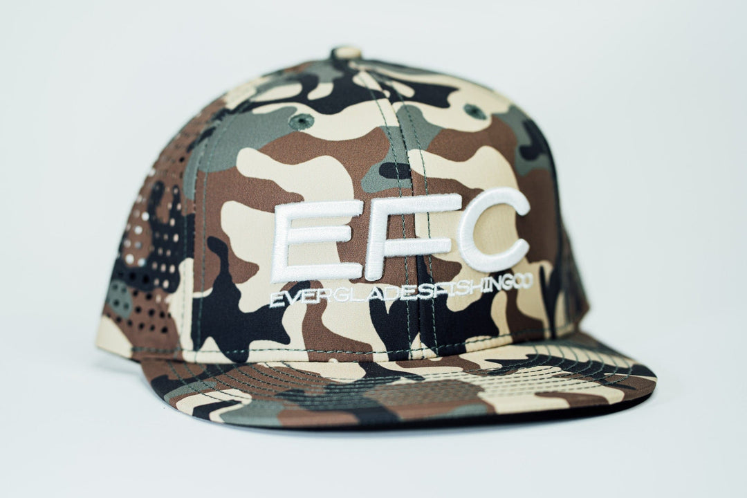 Everglades Fishing Co Ferguson snapback hat with adjustable strap and embroidered logo on front, black and white design.