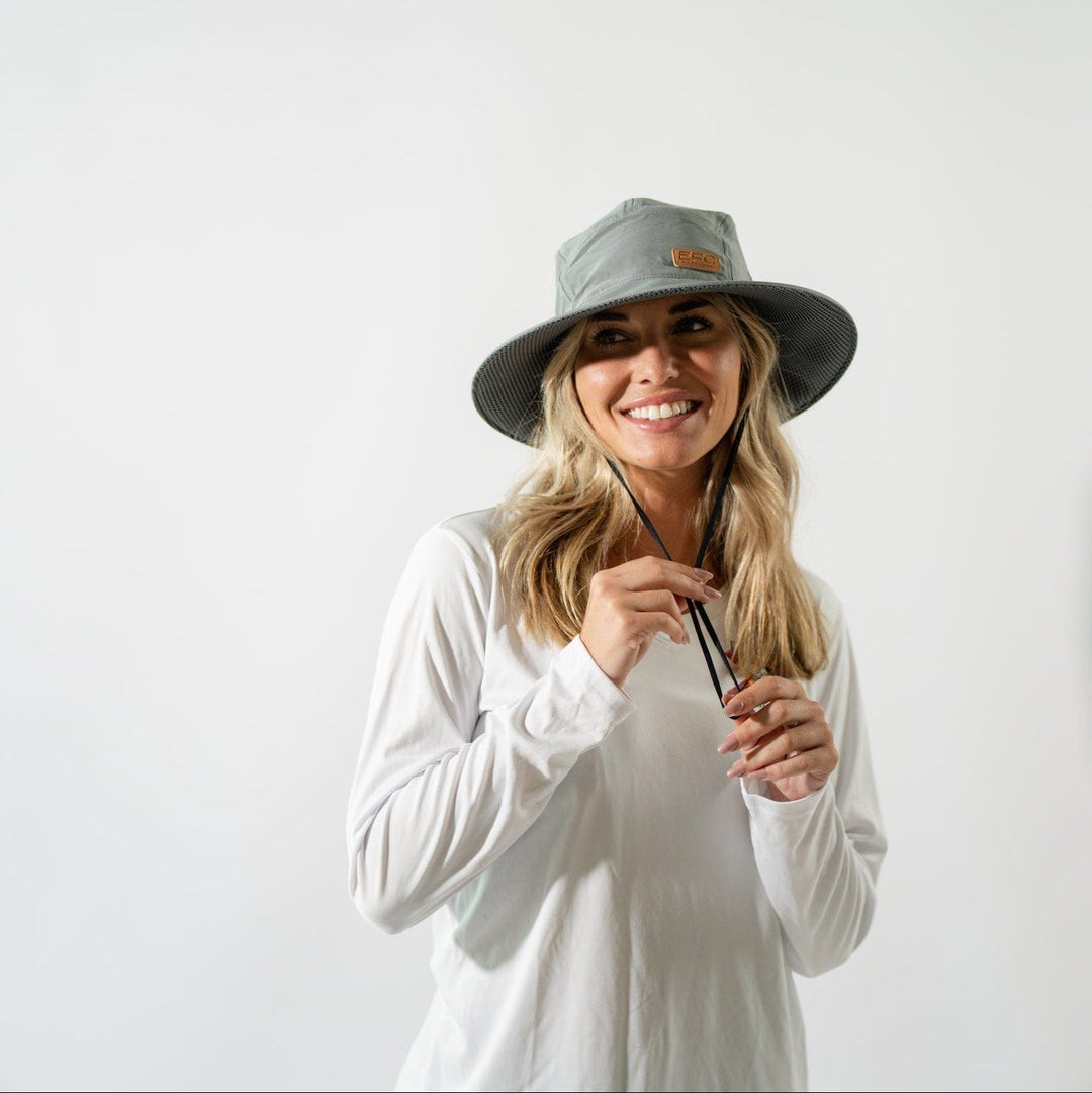 Gray bucket hat by Everglades Fishing Co with wide brim and casual style, perfect for outdoor and fishing activities.