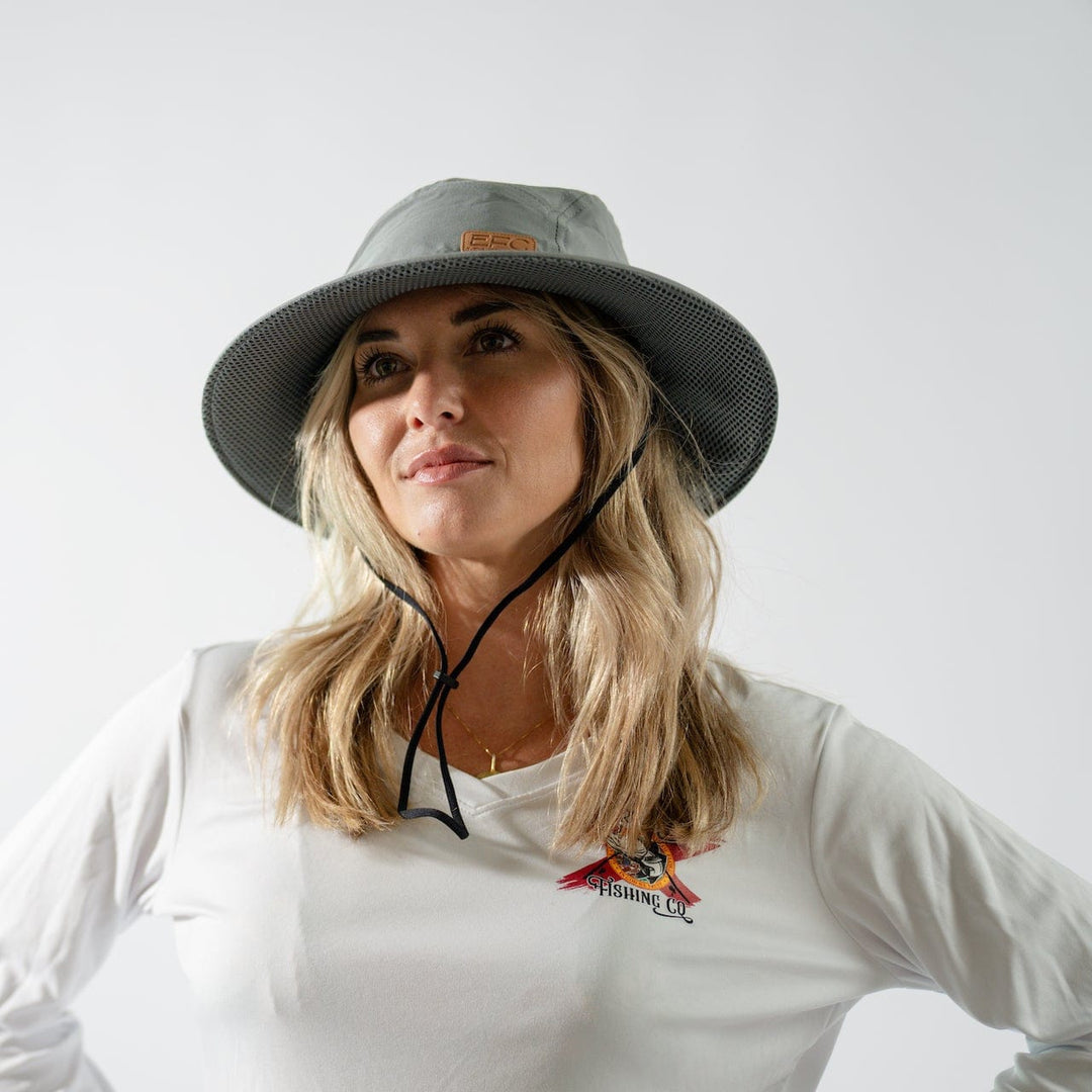 Gray bucket hat by Everglades Fishing Co with a wide brim, ideal for outdoor sun protection and casual wear.