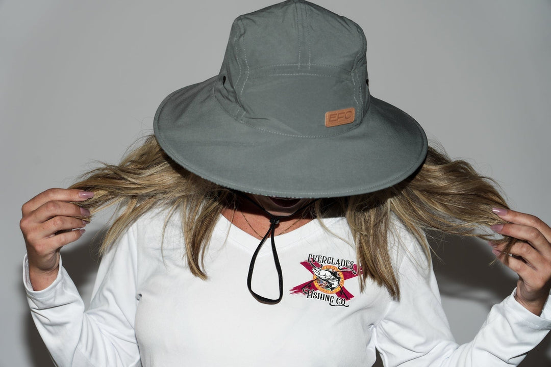 Gray bucket hat by Everglades Fishing Co with wide brim, lightweight fabric, and casual style suitable for outdoor activities.