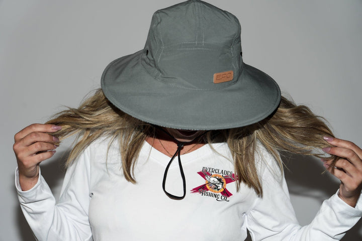 Gray bucket hat by Everglades Fishing Co with wide brim, lightweight fabric, and casual style suitable for outdoor activities.