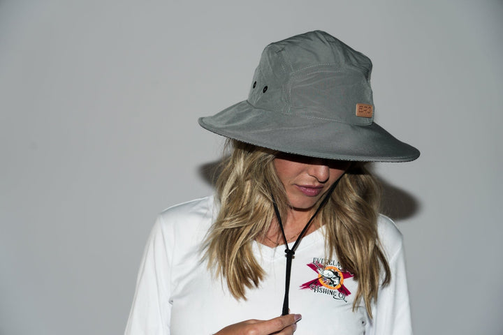 Gray bucket hat by Everglades Fishing Co, featuring a wide brim and casual style, perfect for outdoor sun protection.
